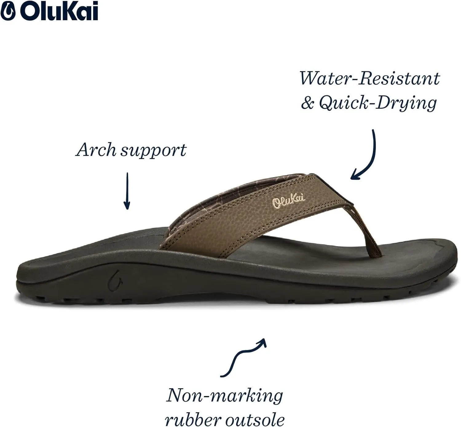 OLUKAI Ohana Men's Beach Sandals, Water Resistant Flip Flops, Arch Support & Comfort Fit, Lightweight & Durable, Enhanced Grip & Traction