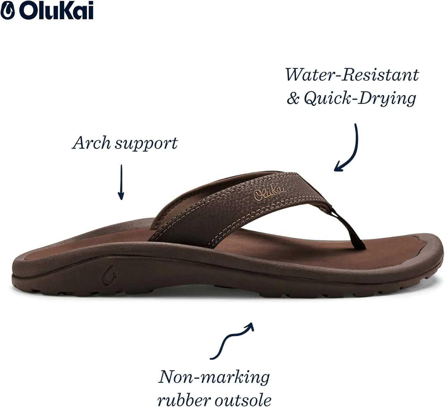 OLUKAI Ohana Men's Beach Sandals, Water Resistant Flip Flops, Arch Support & Comfort Fit, Lightweight & Durable, Enhanced Grip & Traction