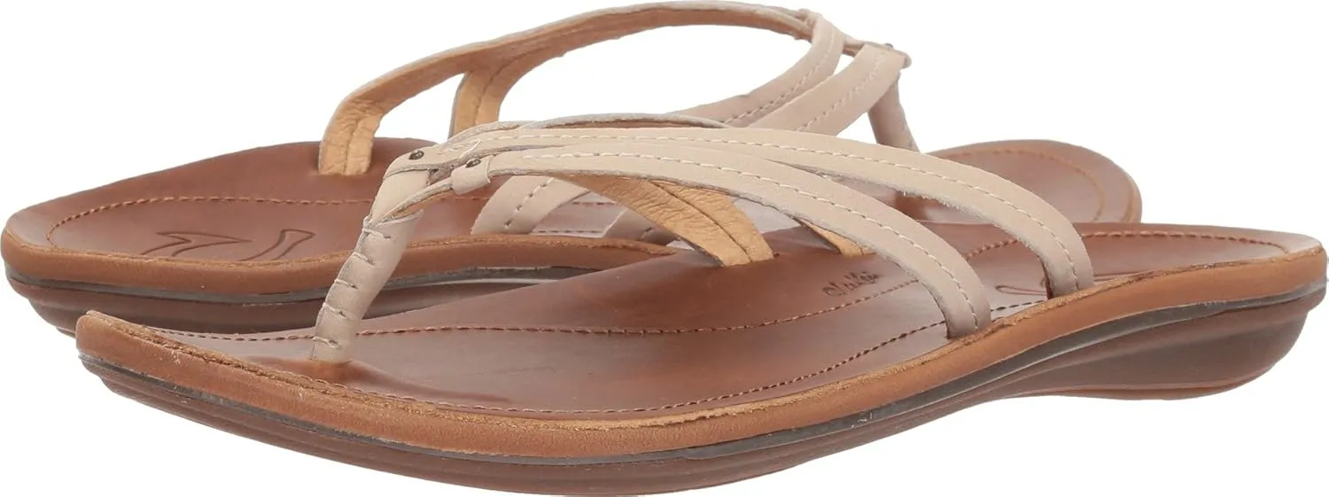 OLUKAI U'i Women's Beach Sandals, Premium Leather Flip-Flop Slides, Braided Palm Inspired Design, Compression Molded Footbed