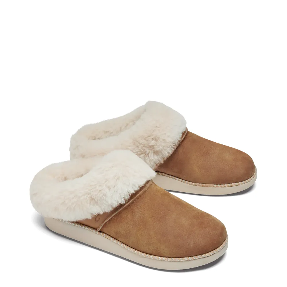 OluKai Women's Ku'i Shearling Lined Slip On Clog Slipper (Tan)