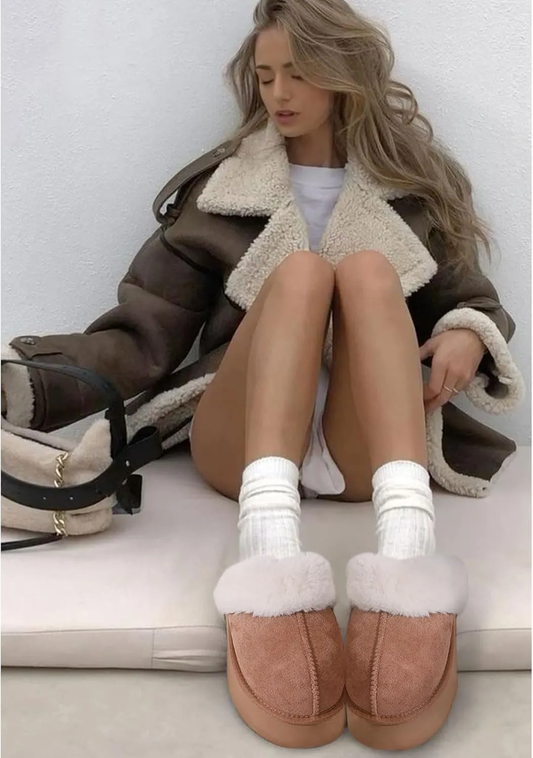 OOW Fuzzy Platform Slippers for Women - Women's Casual Winter House Slippers - Brown, Faux Fur & Shearling Blend - Women's Size