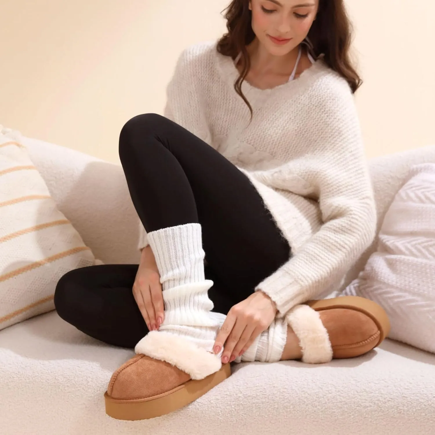 OOW Fuzzy Platform Slippers for Women - Women's Casual Winter House Slippers - Brown, Faux Fur & Shearling Blend - Women's Size