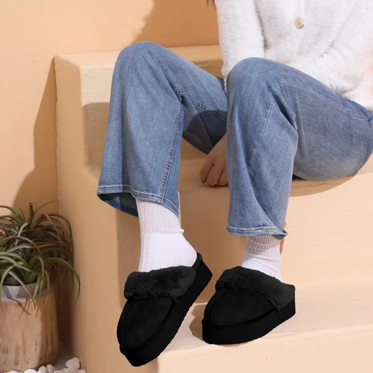 OOW Fuzzy Platform Slippers for Women - Women's Casual Winter House Slippers - Brown, Faux Fur & Shearling Blend - Women's Size
