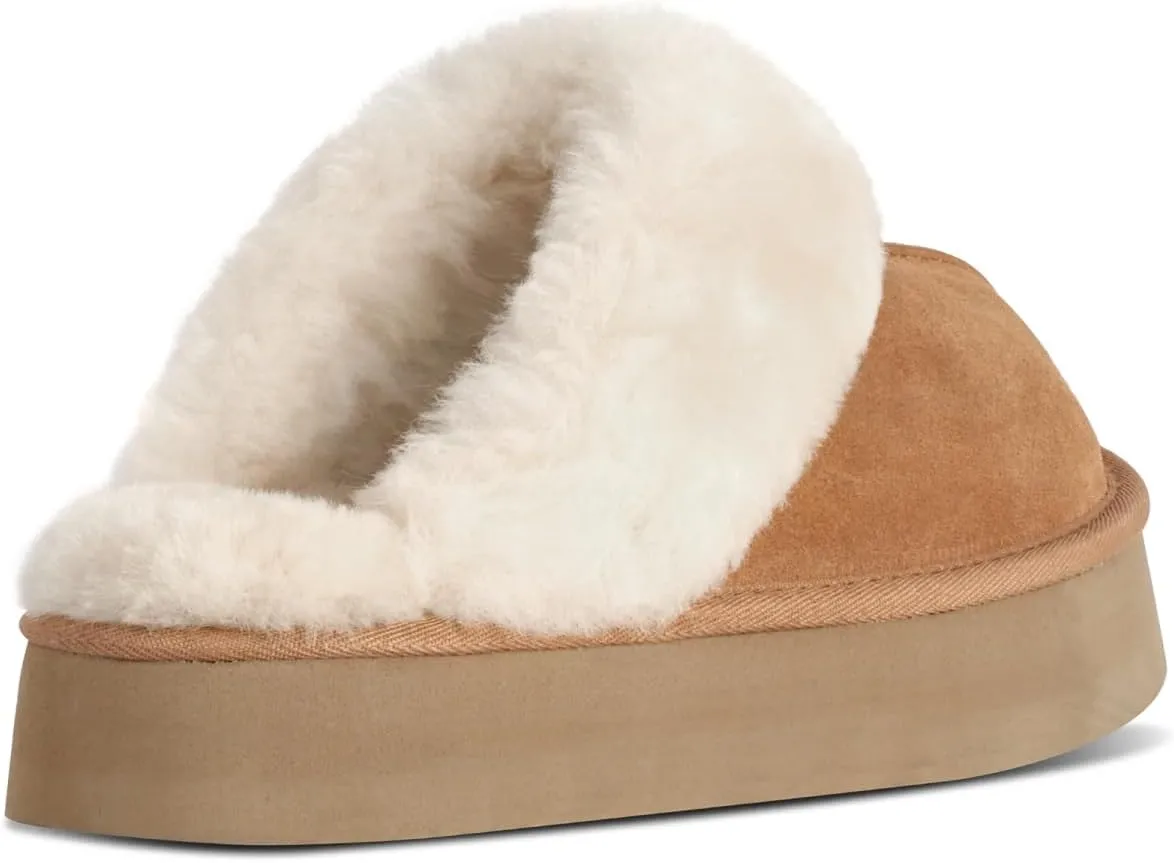 OOW Fuzzy Platform Slippers for Women - Women's Casual Winter House Slippers - Brown, Faux Fur & Shearling Blend - Women's Size