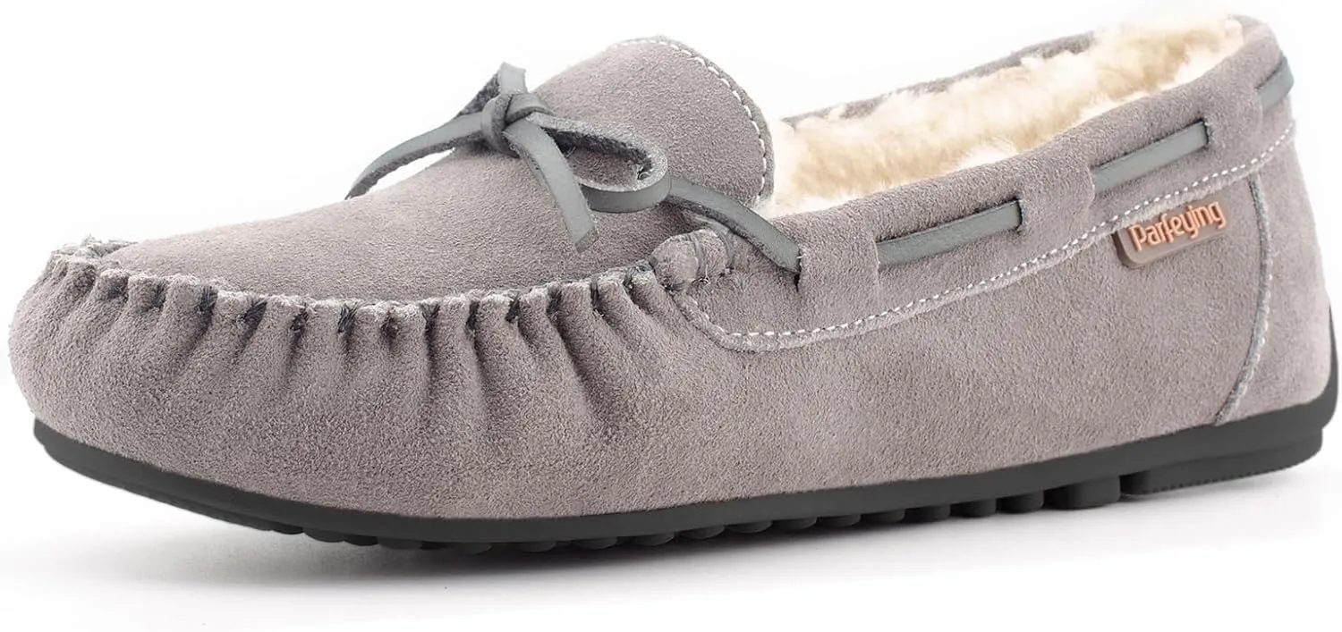 Parfeying Women's Sheepskin Moccasins Cow Suede Memory Foam Slippers Indoor Outdoor Shearling Winter Shoes