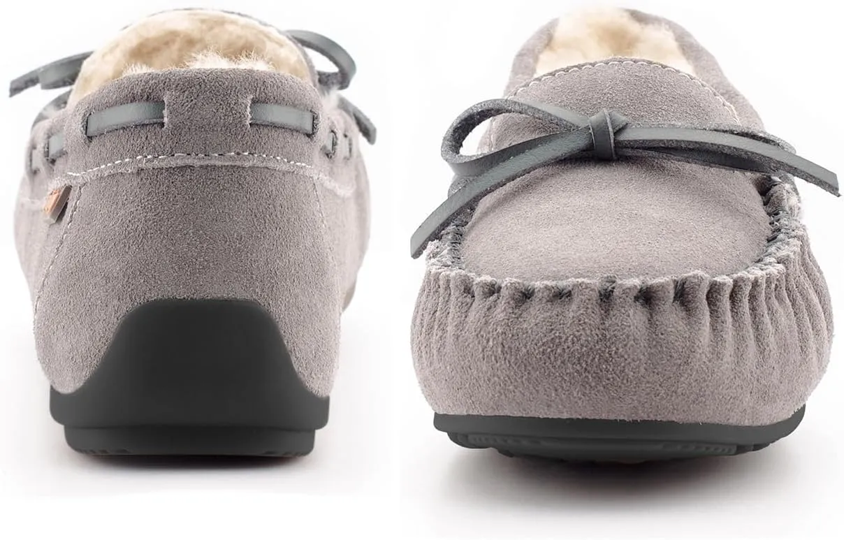 Parfeying Women's Sheepskin Moccasins Cow Suede Memory Foam Slippers Indoor Outdoor Shearling Winter Shoes