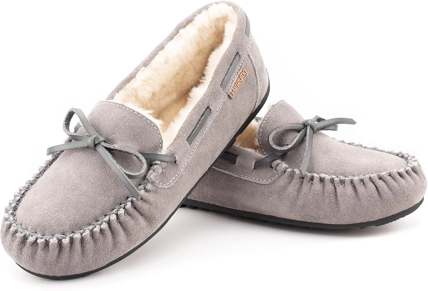 Parfeying Women's Sheepskin Moccasins Cow Suede Memory Foam Slippers Indoor Outdoor Shearling Winter Shoes
