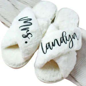 Personalized Fluffy Slippers, Bridal Slipper, Birthday Gifts for Her (M, Ivory)