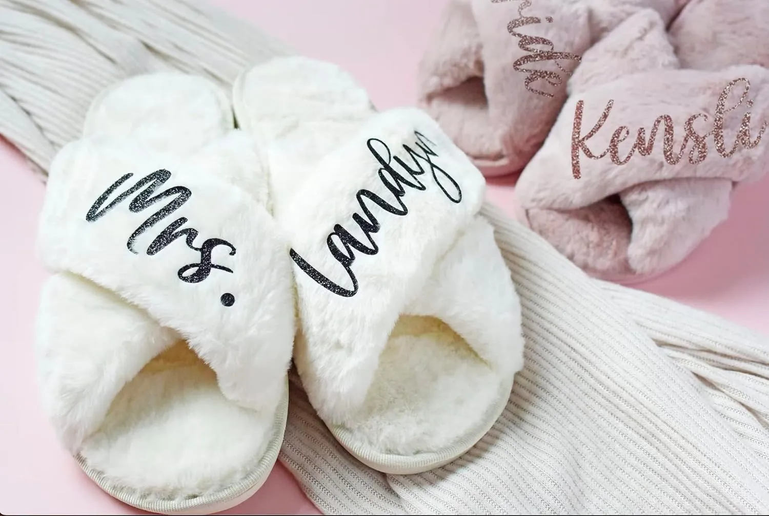 Personalized Fluffy Slippers, Bridal Slipper, Birthday Gifts for Her (M, Ivory)