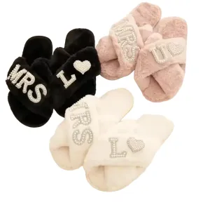 Personalized Initial Wedding Bride Slippers MRS Pearl Letter Bridal Shower Gifts for Wedding Day (Black M)