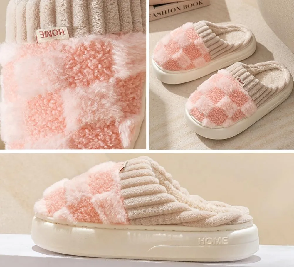 Plush Slippers for Women Men Plaid Cuff Warm Fuzzy Fleece Slipper Cozy Memory Foam Checkered Home Shoes Non-Slip