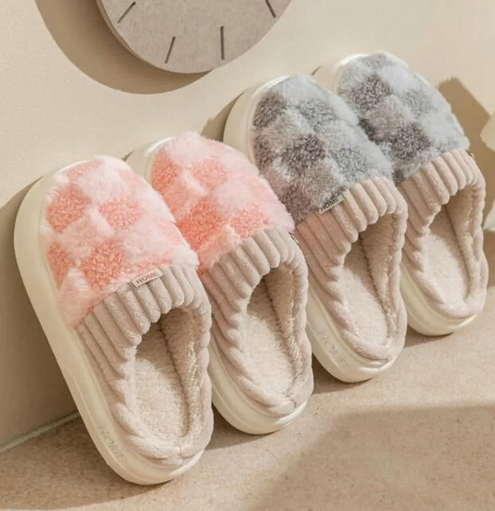 Plush Slippers for Women Men Plaid Cuff Warm Fuzzy Fleece Slipper Cozy Memory Foam Checkered Home Shoes Non-Slip