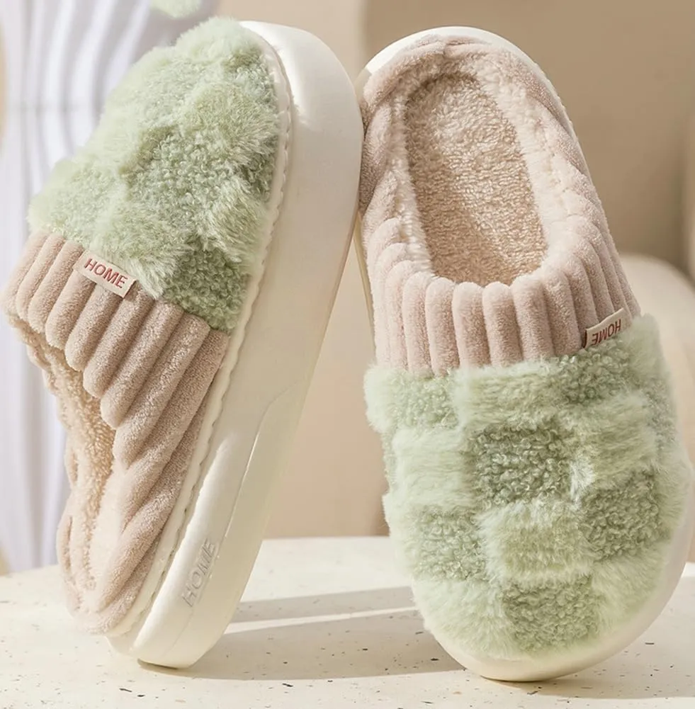 Plush Slippers for Women Men Plaid Cuff Warm Fuzzy Fleece Slipper Cozy Memory Foam Checkered Home Shoes Non-Slip