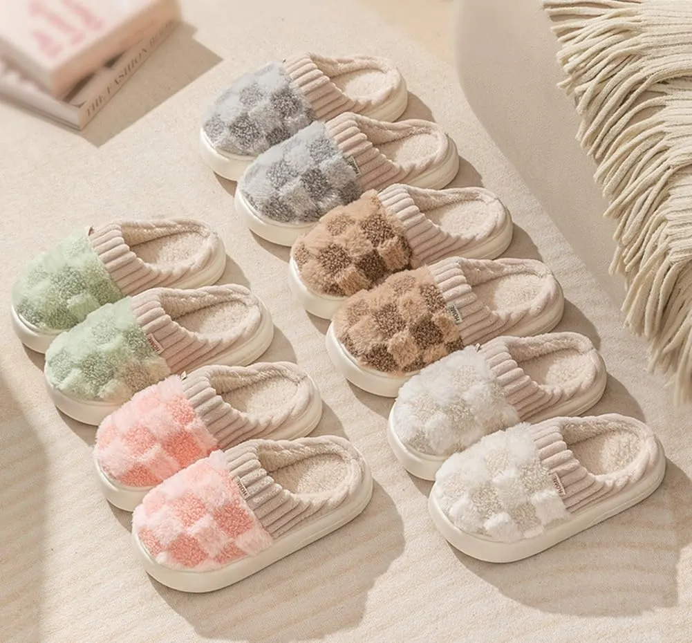 Plush Slippers for Women Men Plaid Cuff Warm Fuzzy Fleece Slipper Cozy Memory Foam Checkered Home Shoes Non-Slip