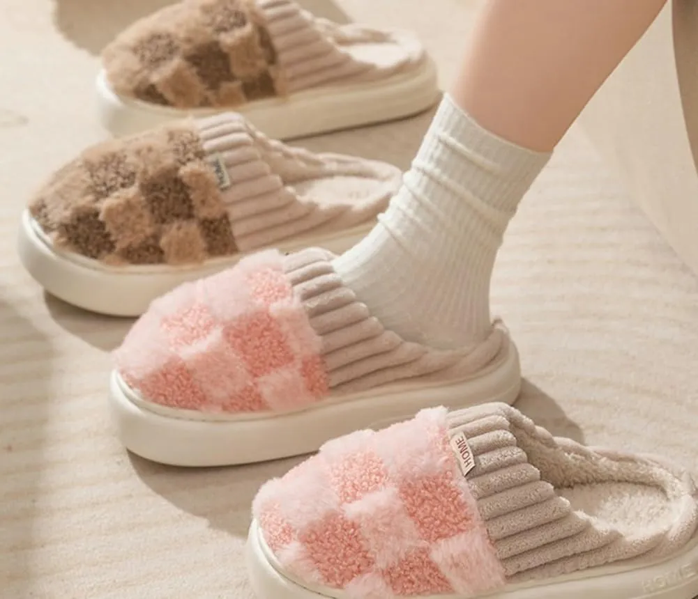 Plush Slippers for Women Men Plaid Cuff Warm Fuzzy Fleece Slipper Cozy Memory Foam Checkered Home Shoes Non-Slip