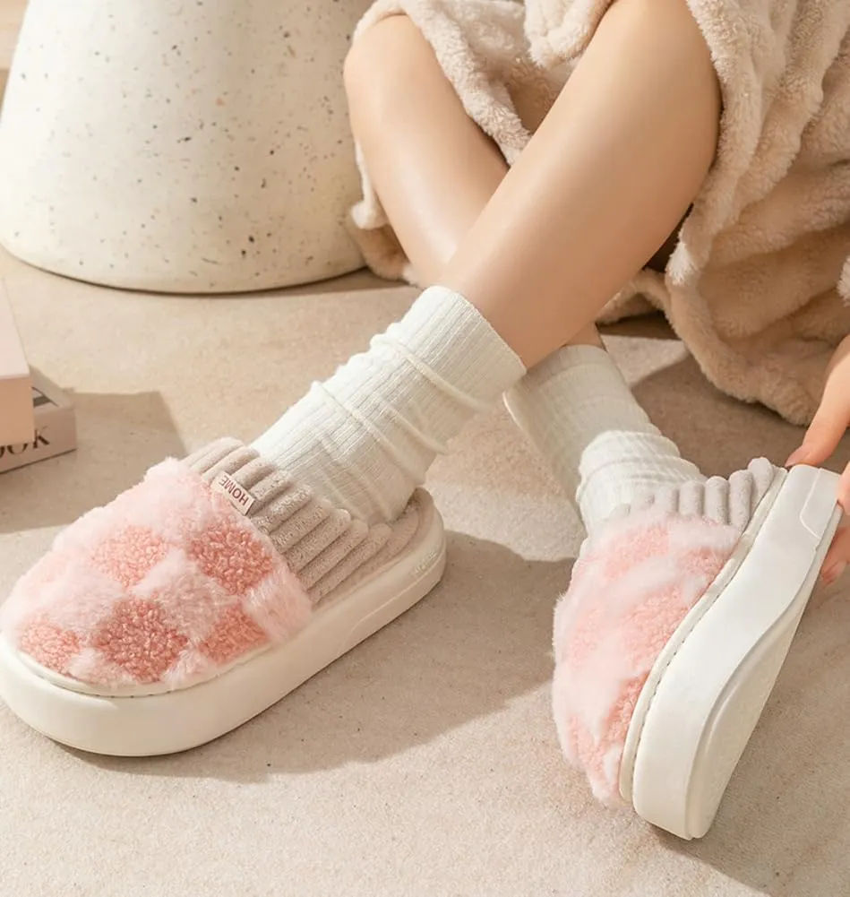 Plush Slippers for Women Men Plaid Cuff Warm Fuzzy Fleece Slipper Cozy Memory Foam Checkered Home Shoes Non-Slip