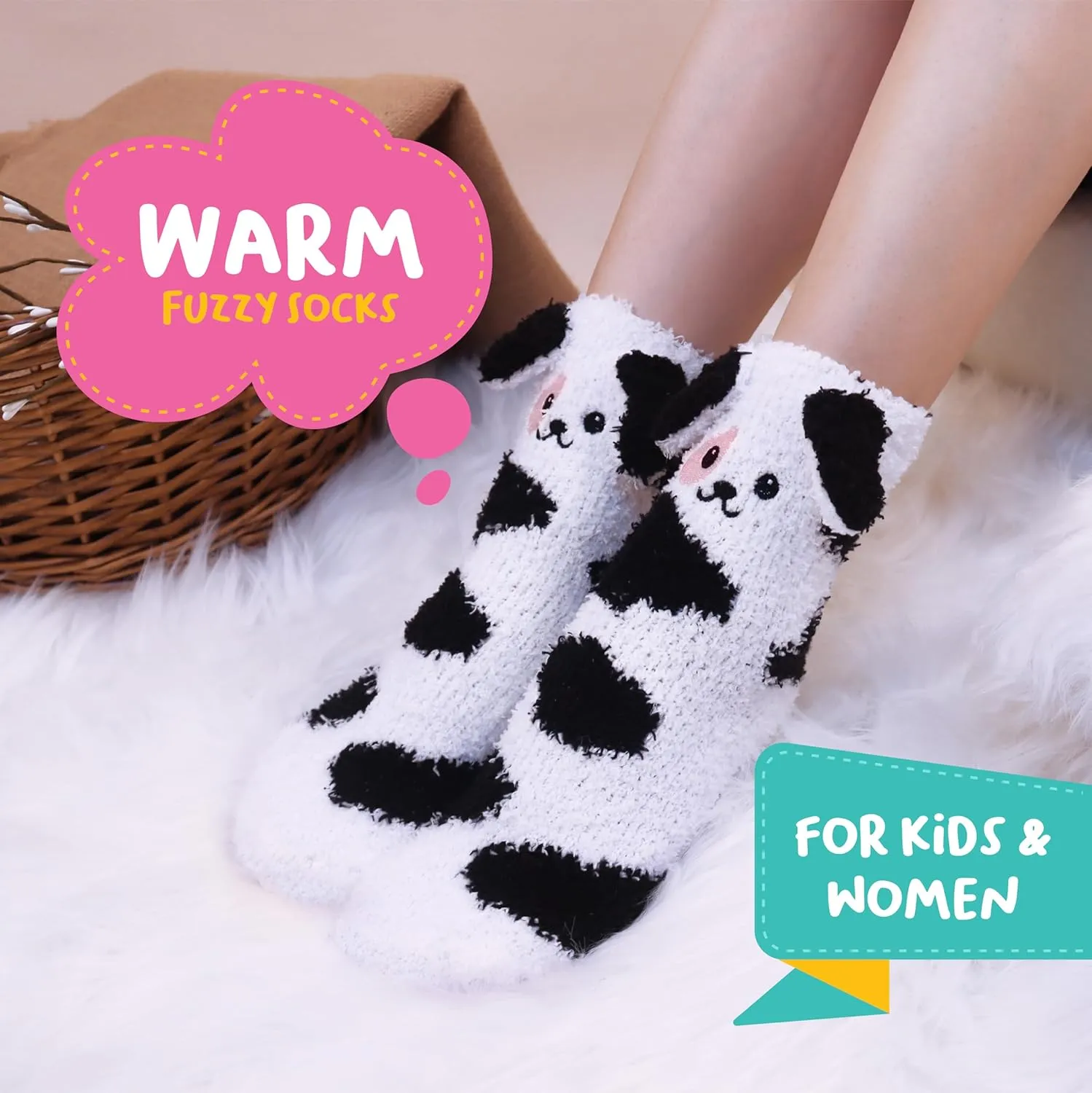 Pop Craze - 1 Pair Animal Character Fuzzy Socks. Fluffy and Warm. Cozy Socks Gift Woman, Girls. With or Without Anti-Slip