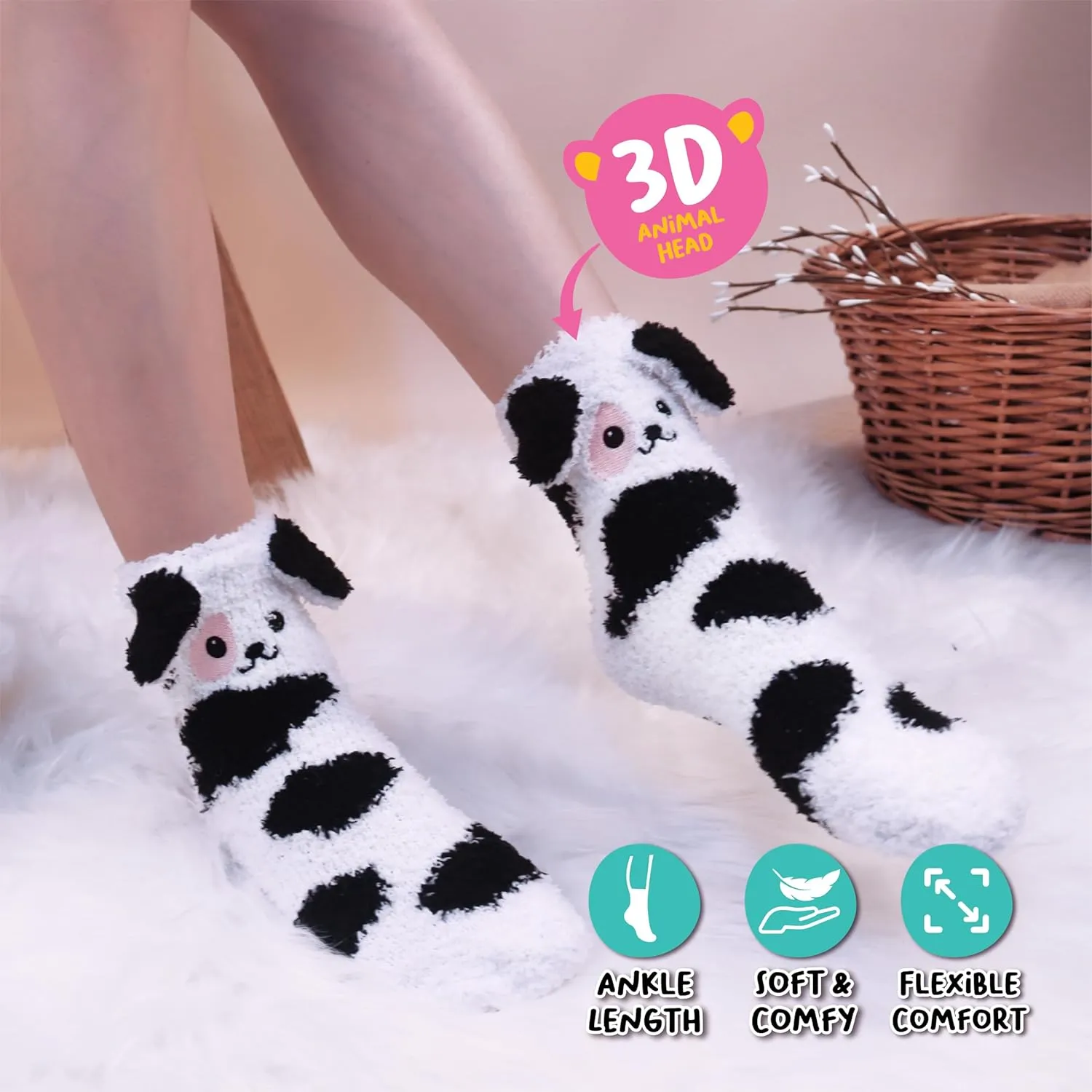 Pop Craze - 1 Pair Animal Character Fuzzy Socks. Fluffy and Warm. Cozy Socks Gift Woman, Girls. With or Without Anti-Slip