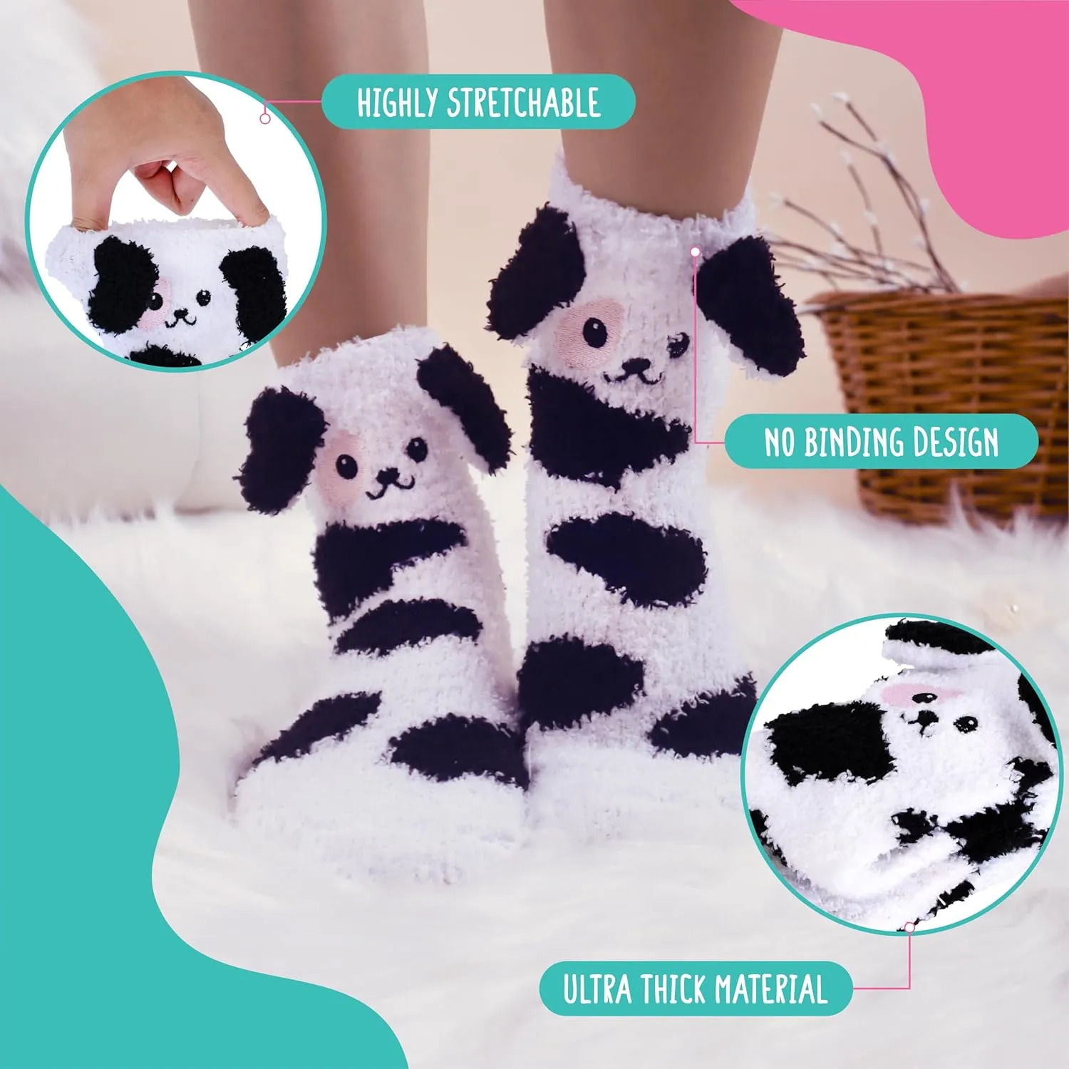 Pop Craze - 1 Pair Animal Character Fuzzy Socks. Fluffy and Warm. Cozy Socks Gift Woman, Girls. With or Without Anti-Slip