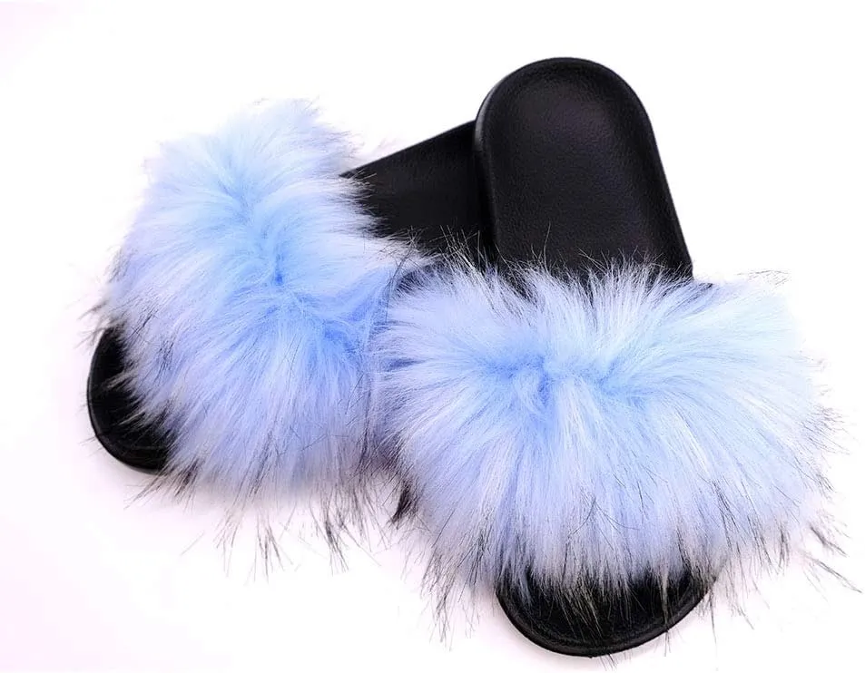QINGCOMFACAI Womens Fur Slides Slipper Sandals Faux Fuzzy Slides Fluffy Sandals Open Toe Indoor Outdoor Shoes