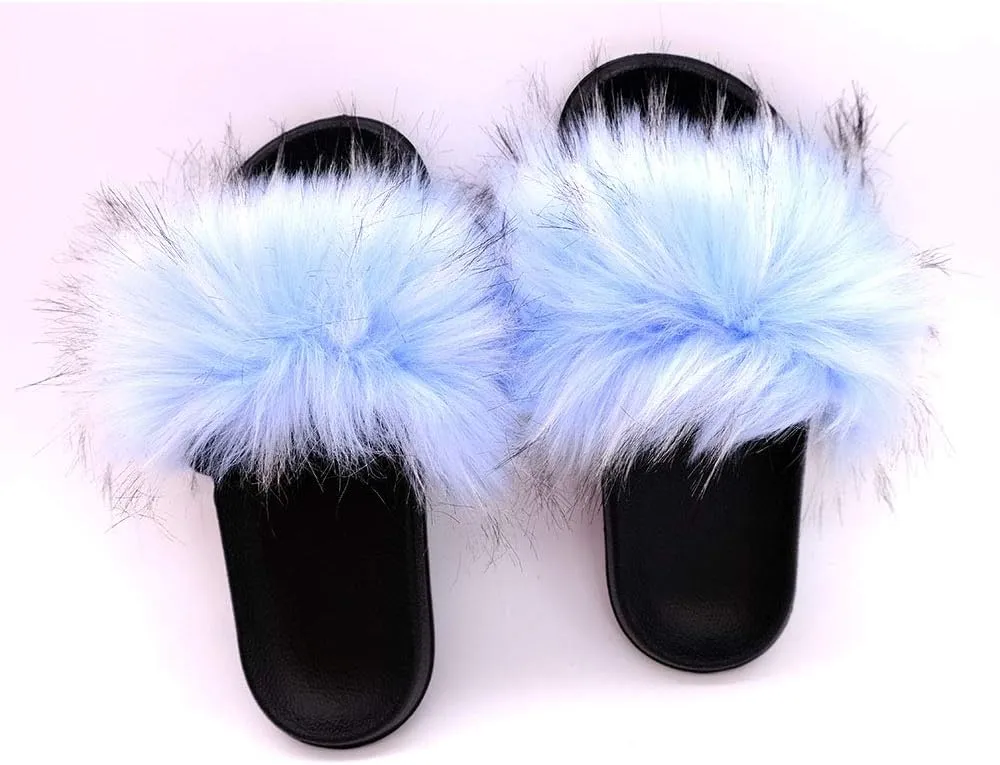QINGCOMFACAI Womens Fur Slides Slipper Sandals Faux Fuzzy Slides Fluffy Sandals Open Toe Indoor Outdoor Shoes