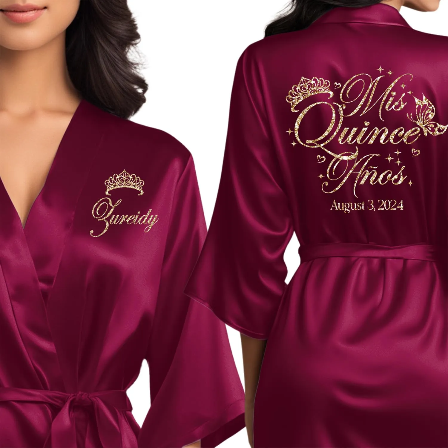 Quinceanera Robes and Slippers Set for Mis XV Anos and the Entire Quince Squad, Robes for Mama de la Quince, Abuela, Hermana and More, A Great Bundled Quinceanera Gift, Wine/Burgundy L/XL