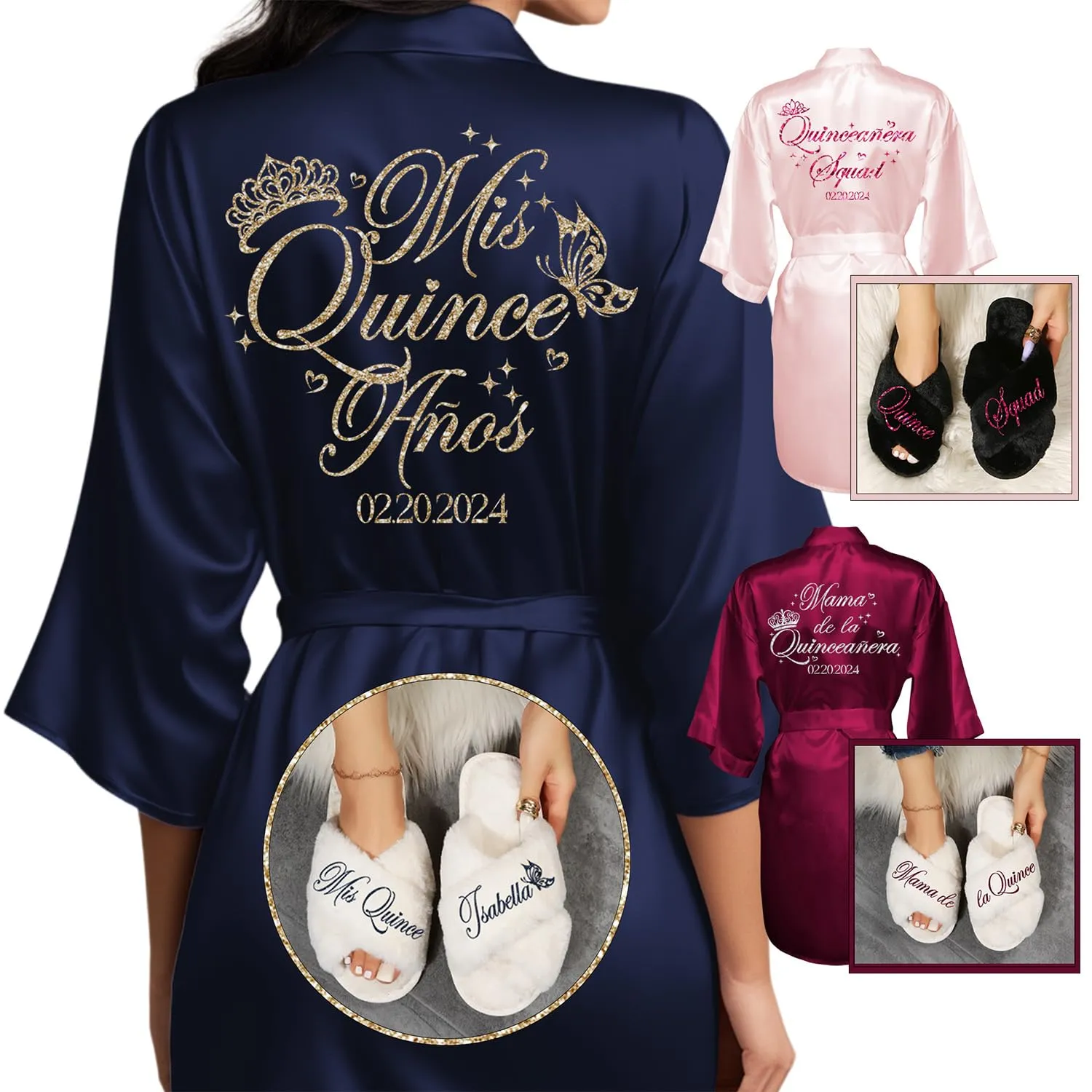 Quinceanera Robes and Slippers Set for Mis XV Anos and the Entire Quince Squad, Robes for Mama de la Quince, Abuela, Hermana and More, A Great Bundled Quinceanera Gift, Wine/Burgundy L/XL