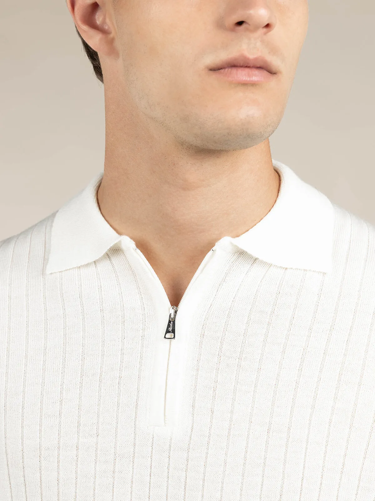 Ribbed Zipper Polo Ivory