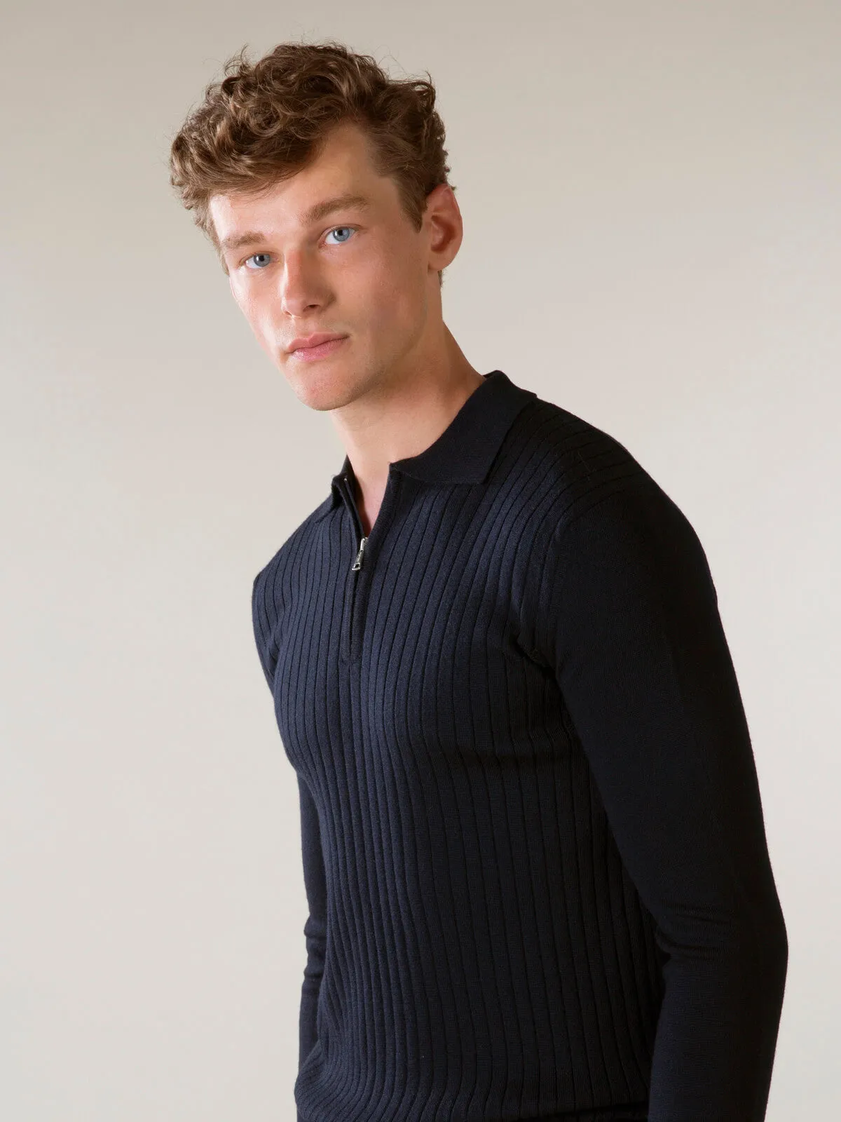 Ribbed Zipper Polo Navy