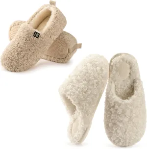 RockDove Set of 2 Pairs - Women's Size 7, Faux Shearling Closed Back Slipper (Beige) Twirl Fleece Fuzzy House Scuff (Pearl White)