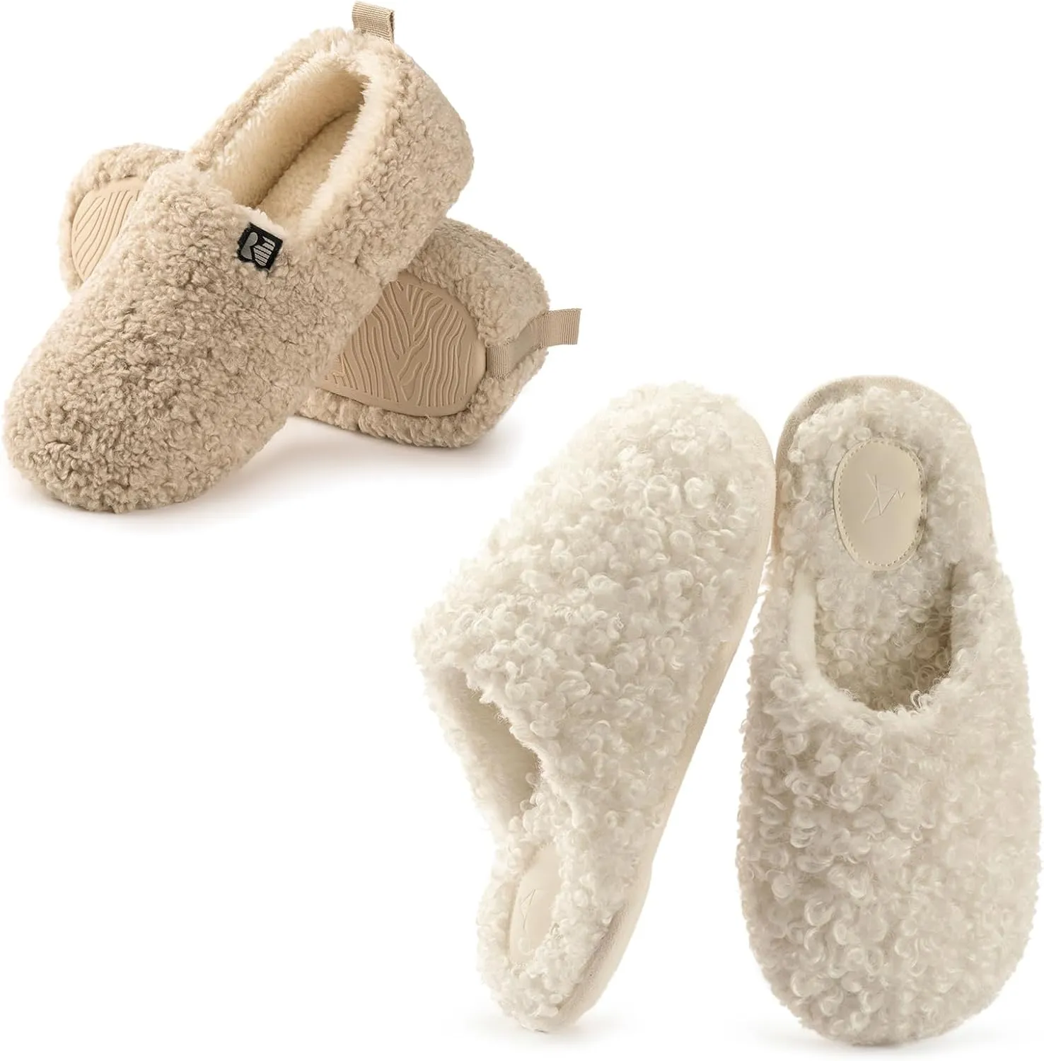 RockDove Set of 2 Pairs - Women's Size 7, Faux Shearling Closed Back Slipper (Beige) Twirl Fleece Fuzzy House Scuff (Pearl White)