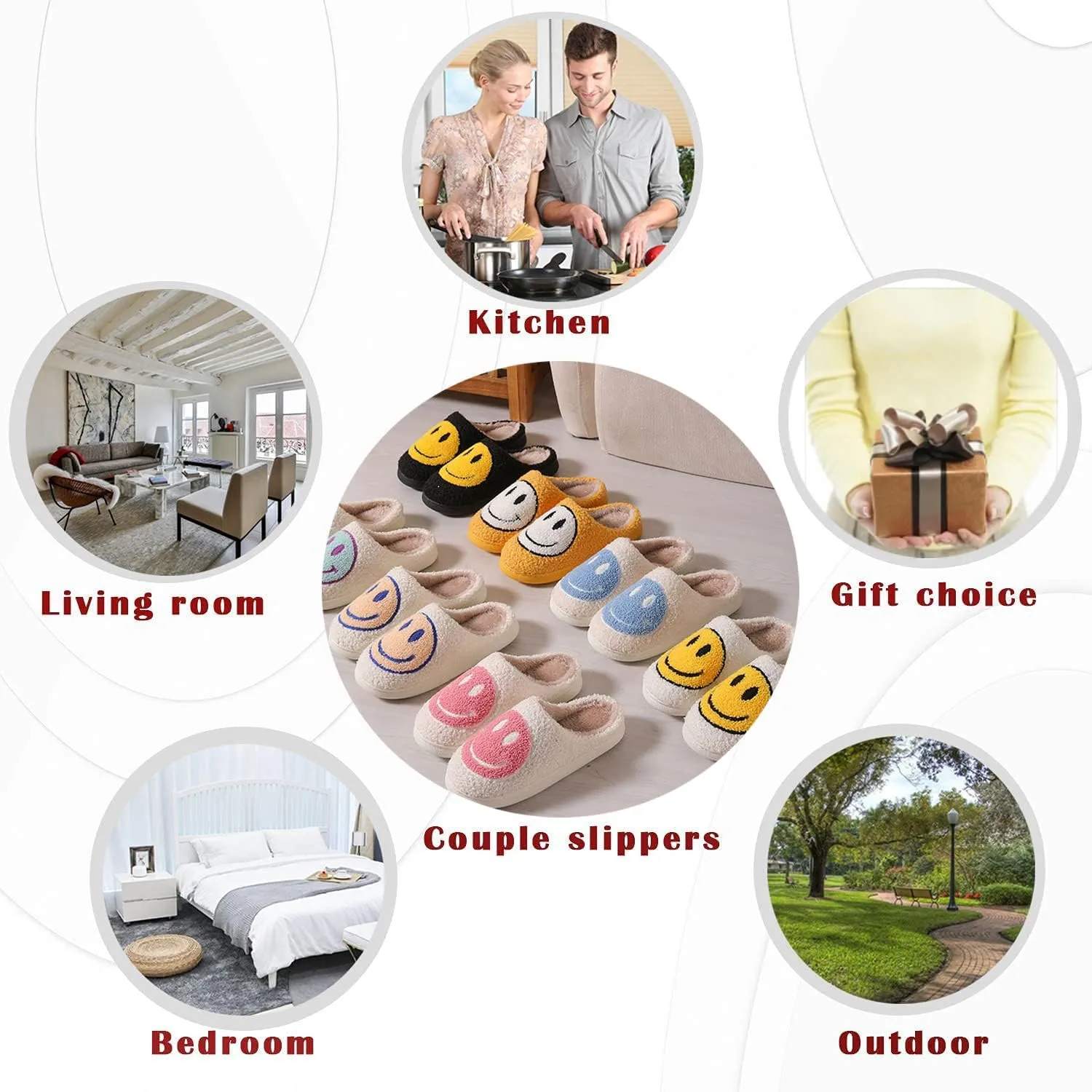 rosyclo Smile Face Slippers Retro Soft Plush Cozy House Slippers Slip-on Fluffy Indoor Outdoor Smile Slippers for Women and Men