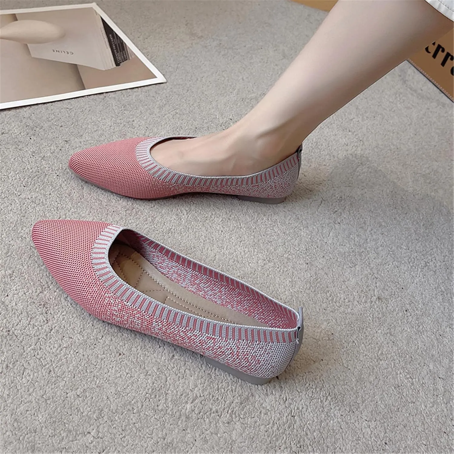 RVROVIC Women's Pointed Toe Knit Flats Shoes Slip on Ballet Flats Comfortable Dress Shoes for Women