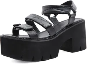 SHEMEE Chunky Platform Gladiator Roman Sandals Women Black Punk Goth Shoes Multi Strap Lightweight Fisherman Wedge Sandal