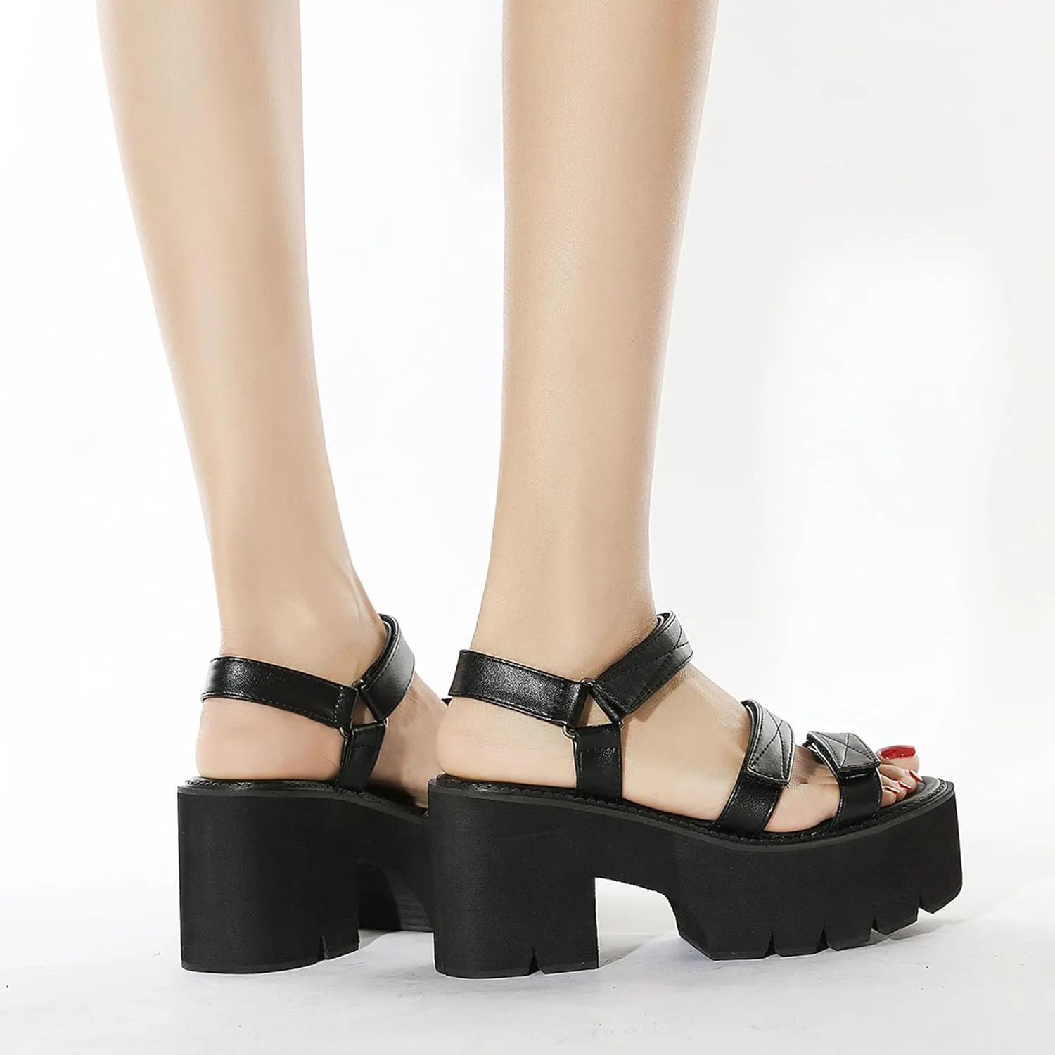 SHEMEE Chunky Platform Gladiator Roman Sandals Women Black Punk Goth Shoes Multi Strap Lightweight Fisherman Wedge Sandal