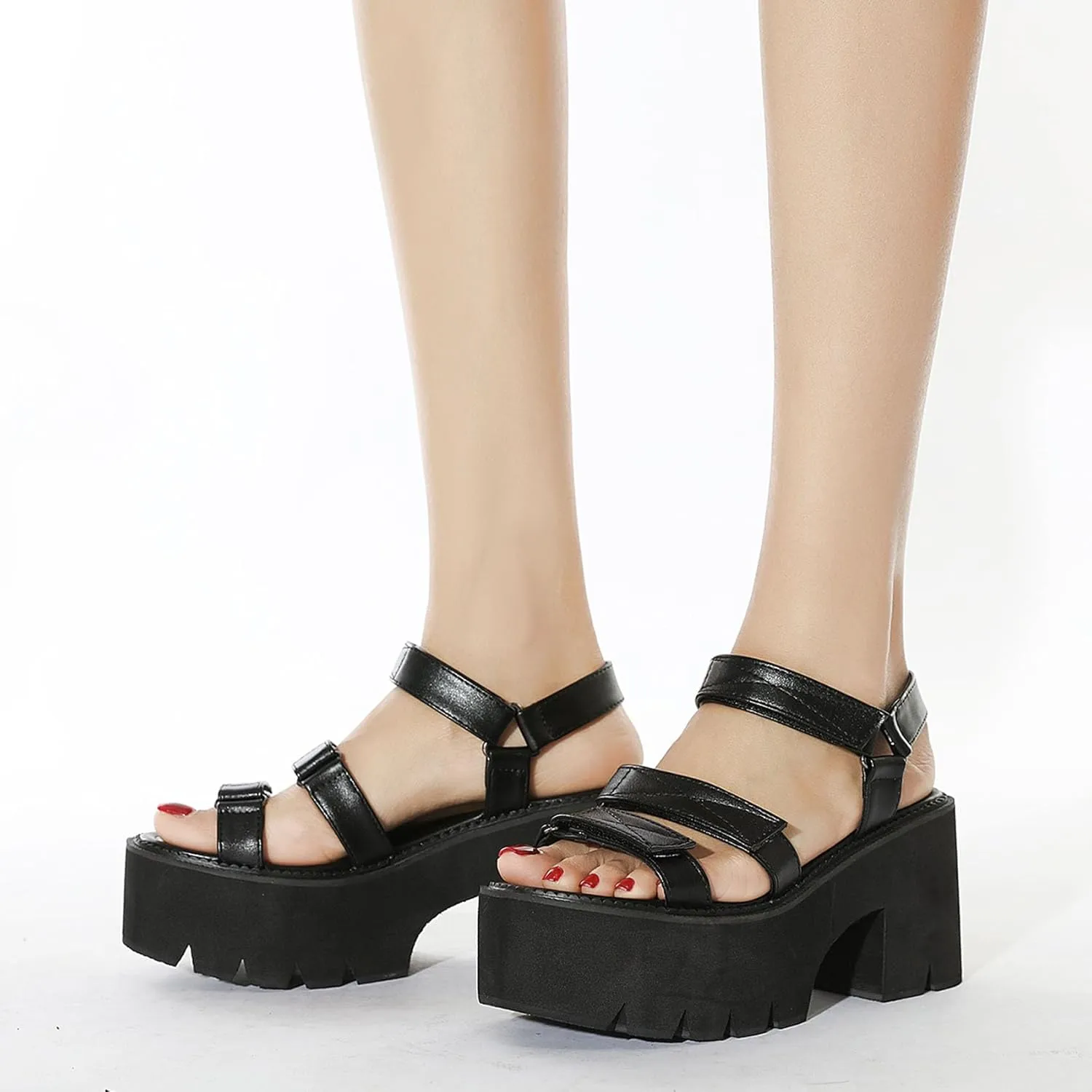SHEMEE Chunky Platform Gladiator Roman Sandals Women Black Punk Goth Shoes Multi Strap Lightweight Fisherman Wedge Sandal