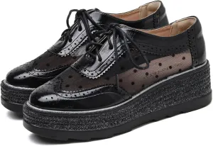 SHEMEE Women's Platform Patent Leather Lace Up Oxfords Pumps Vintage Wingtip Mid Heels Round Toe Brogues Flat Dress Shoes