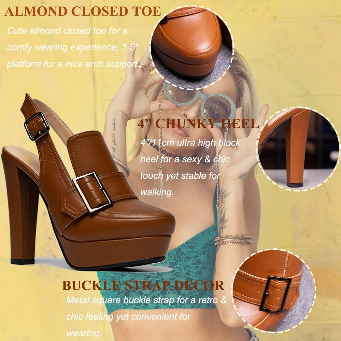 SHODENSE Women Vintage Platform Chunky High Heels Pumps Shoes Round Closed Toe Platform Loafers Ankle Strap Block Heel Slingback Summer Sandals Backless Buckle Loafer Ladies Sexy Chic Party 4-11 M US