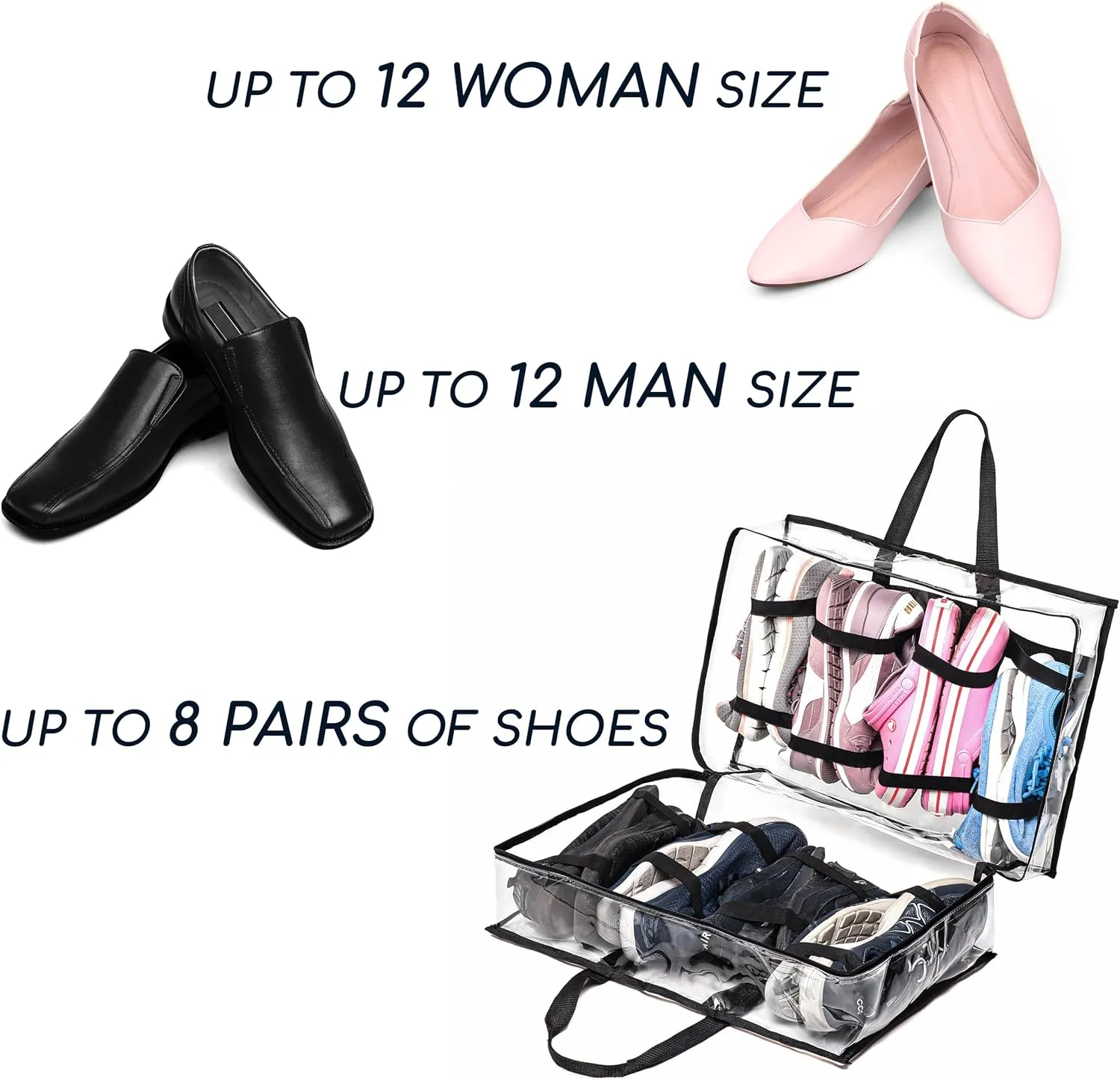 Shoe Travel Bag for Shoes - Travel Shoe Organizer - Portable Luggage Shoes Carrier Sneaker Bag - Shoe Storage Case (Clear, 8 Pairs)