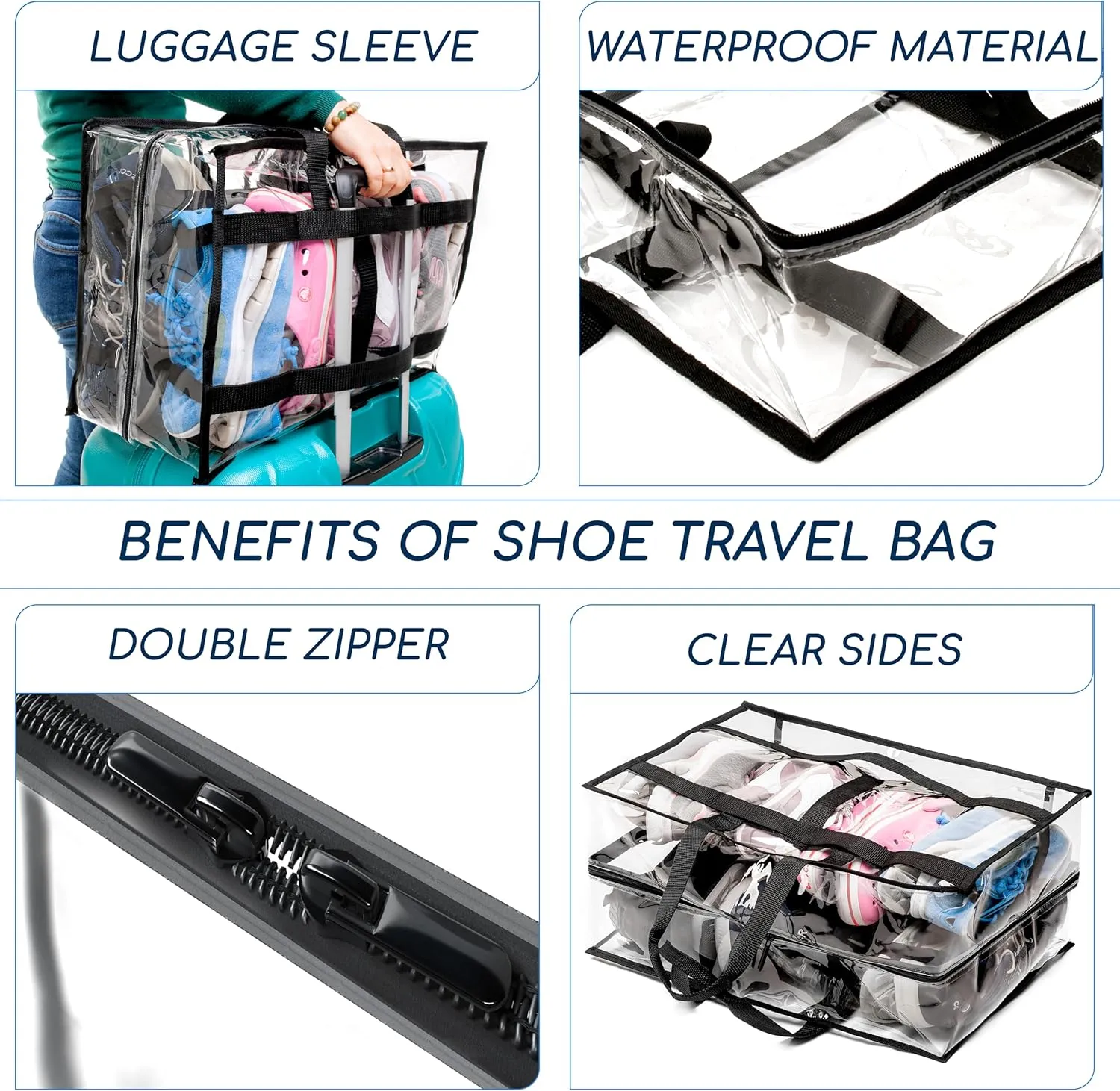 Shoe Travel Bag for Shoes - Travel Shoe Organizer - Portable Luggage Shoes Carrier Sneaker Bag - Shoe Storage Case (Clear, 8 Pairs)