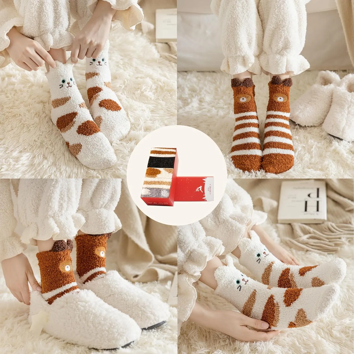 SISOSOCK Fuzzy Socks for Women Cute Cat Paw Socks Women Winter Fluffy Cozy Slipper Socks With Gift Box for Women Girls