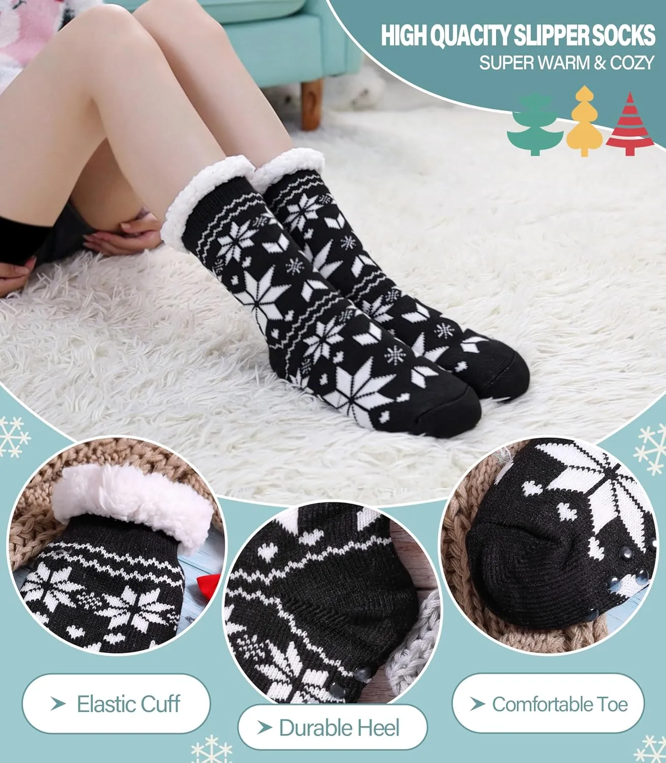 Slipper Socks for Women Fuzzy Non Slip Winter Thick Warm Soft Cozy Fleece Lining Home Socks with Grippers