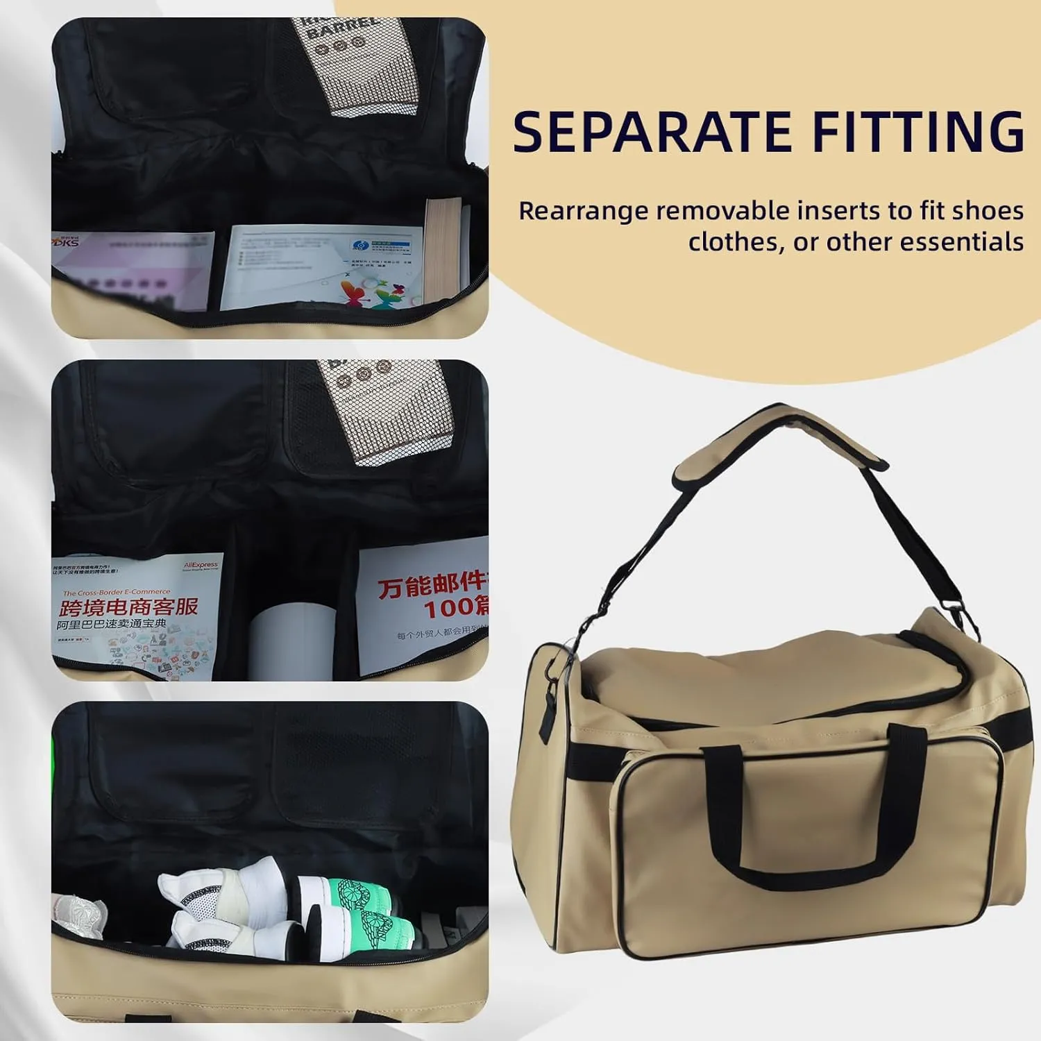 Sneaker Bag for Travel with 3 Adjustable Dividers for 4 Pairs of Shoes, 30L Outdoor Sports Bag/Gym Bag with Detachable Shoulder(Khaki)