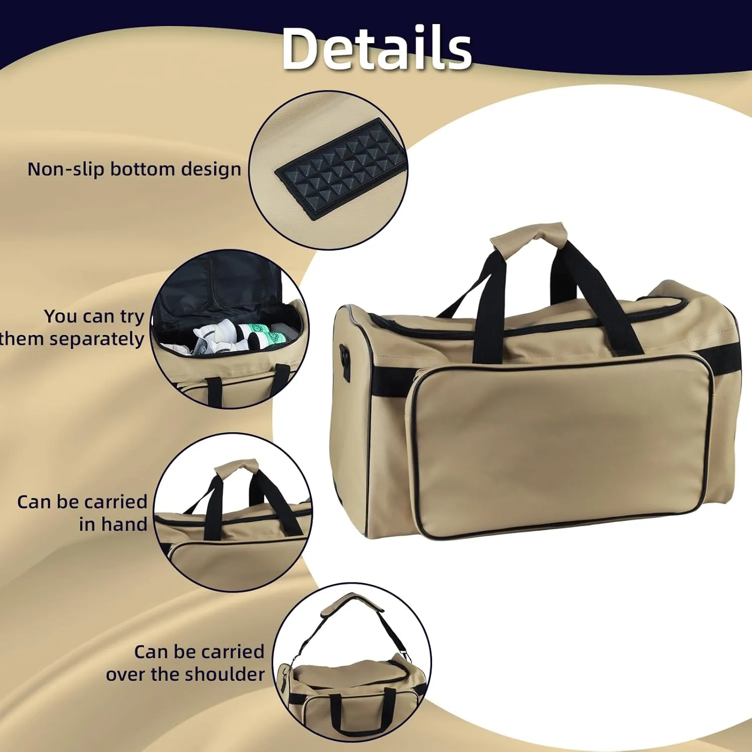 Sneaker Bag for Travel with 3 Adjustable Dividers for 4 Pairs of Shoes, 30L Outdoor Sports Bag/Gym Bag with Detachable Shoulder(Khaki)