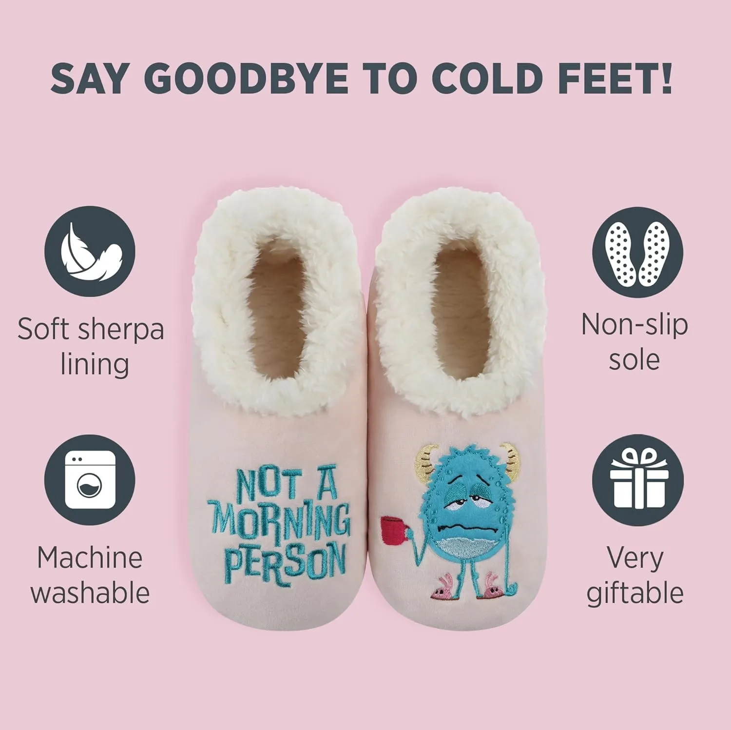 Snoozies Pairables Sherpa-lined Slipper Socks - Fuzzy and Cute Slippers for Women with Non-Slip Sole - Ladies Warm Slippers - Not A Morning Person - Large