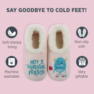 Snoozies Pairables Sherpa-lined Slipper Socks - Fuzzy and Cute Slippers for Women with Non-Slip Sole - Ladies Warm Slippers - Not A Morning Person - Large