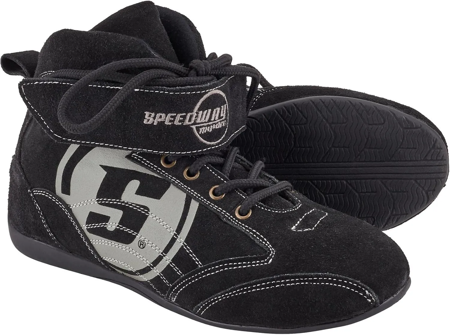 Speedway Motors Viper Mid-Top SFI 3.3/5 Racing Shoes, Size 10: Leather & FRC, Soft Compound Performance Sole, Reinforced Eyelets, Double Stitched, Hook-and-Loop Closure, Black with Gray Logo