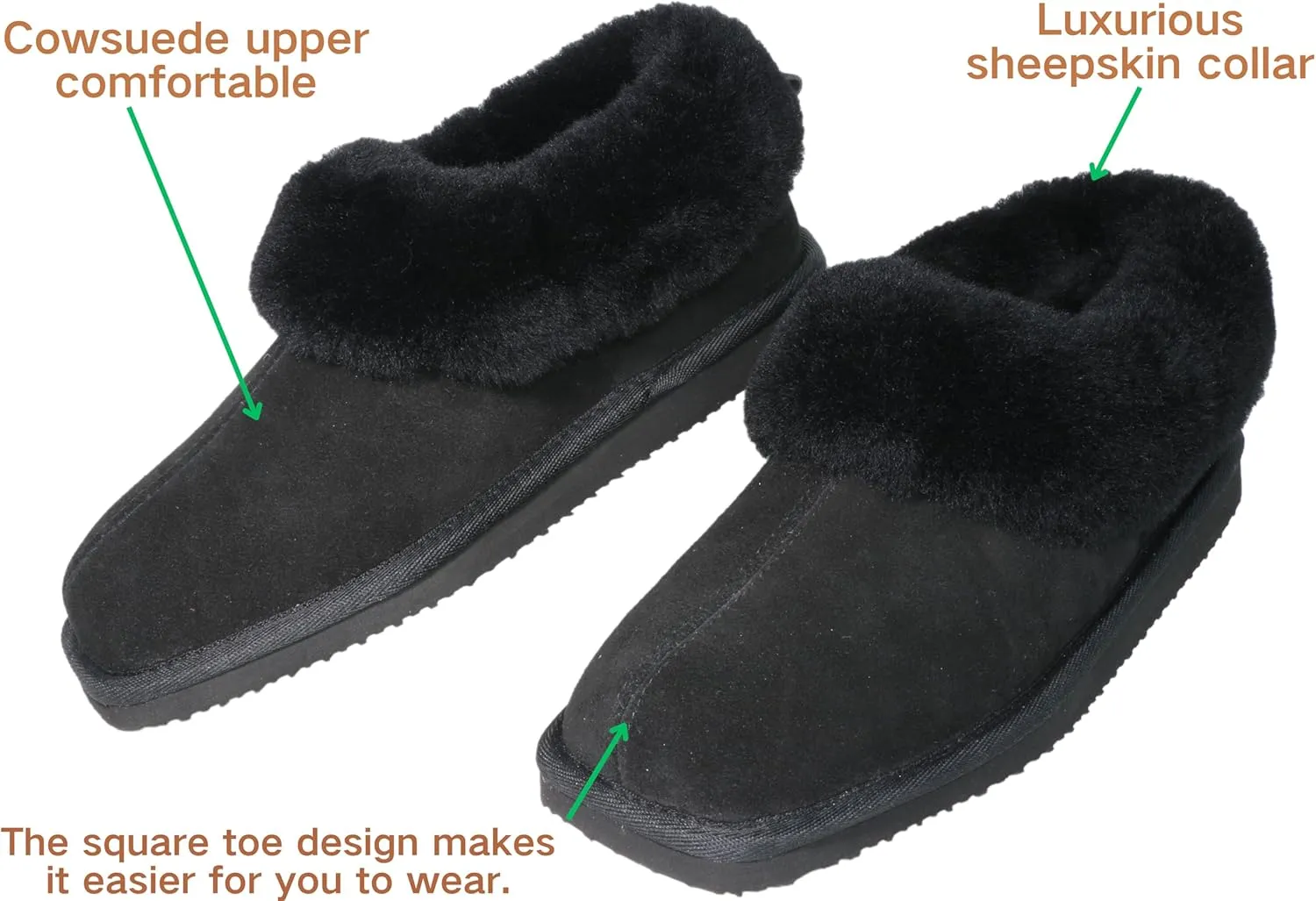 Square Toe Womes Leather Shearling Ankle Bootie EVA Soles Comfortable & Light-Weight Indoor Outdoor House Slipper