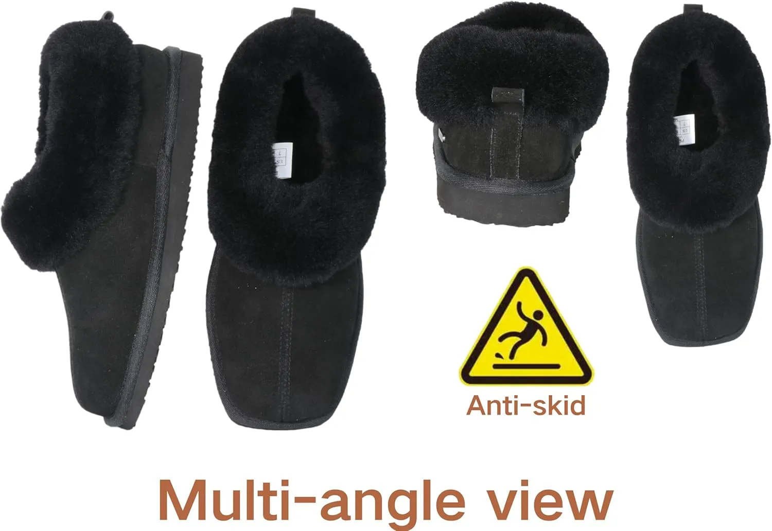 Square Toe Womes Leather Shearling Ankle Bootie EVA Soles Comfortable & Light-Weight Indoor Outdoor House Slipper