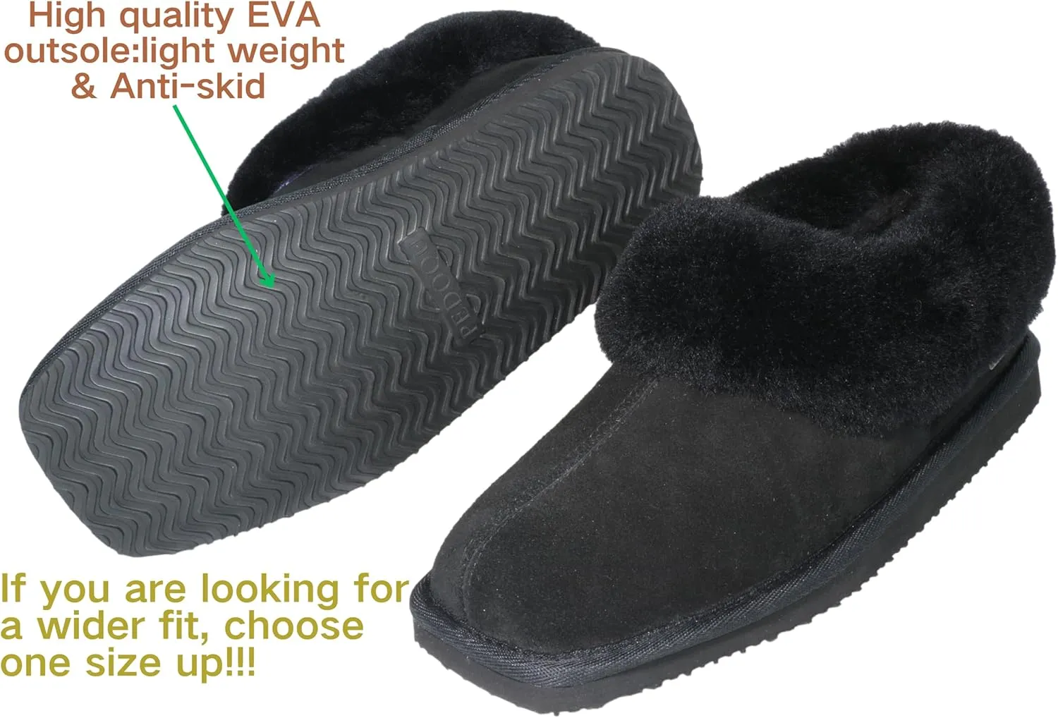 Square Toe Womes Leather Shearling Ankle Bootie EVA Soles Comfortable & Light-Weight Indoor Outdoor House Slipper